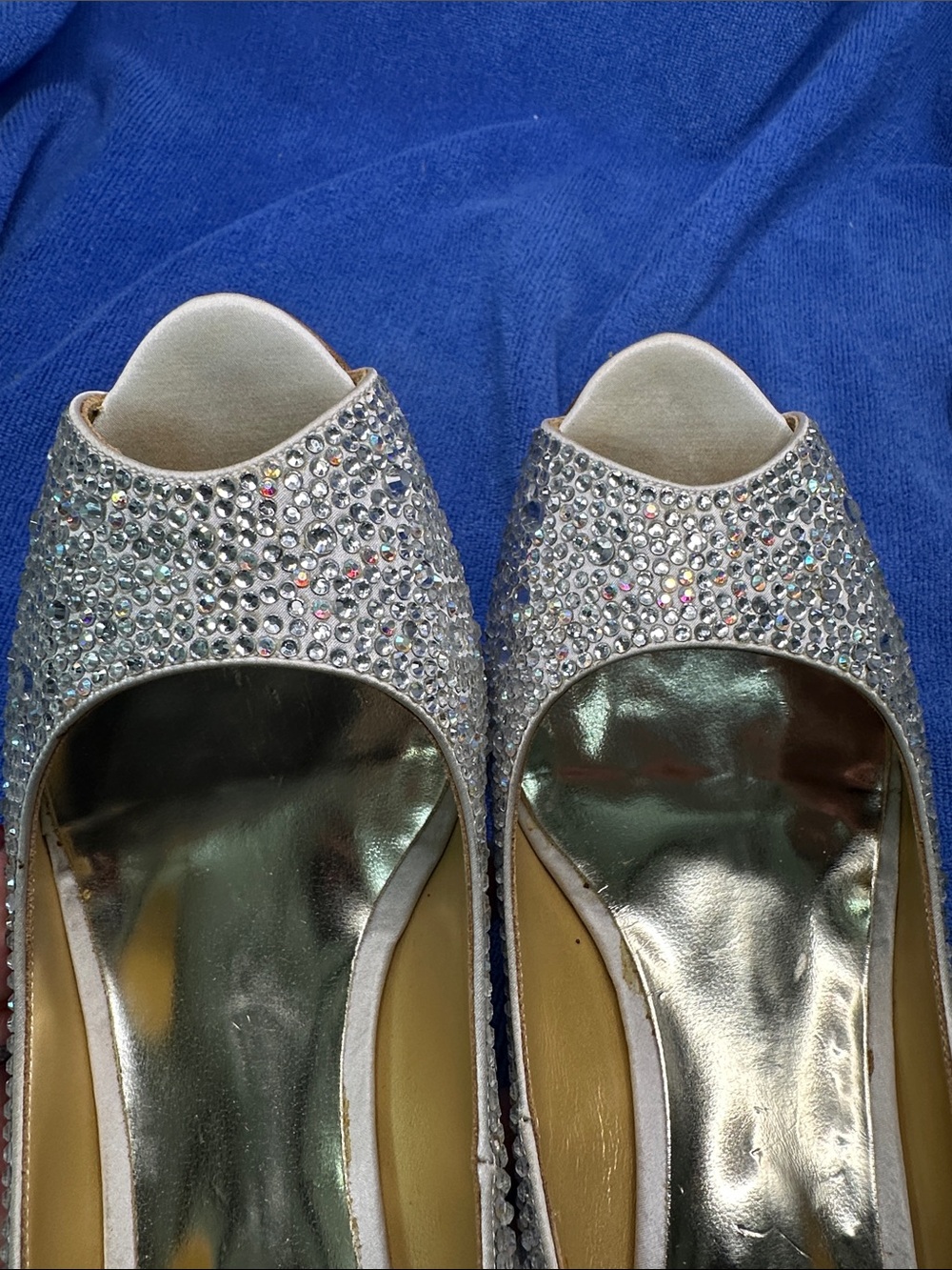 Benjamin Adam’s Silver silk / Crystal Peep-Toe Heels - - Picture 10 of 14